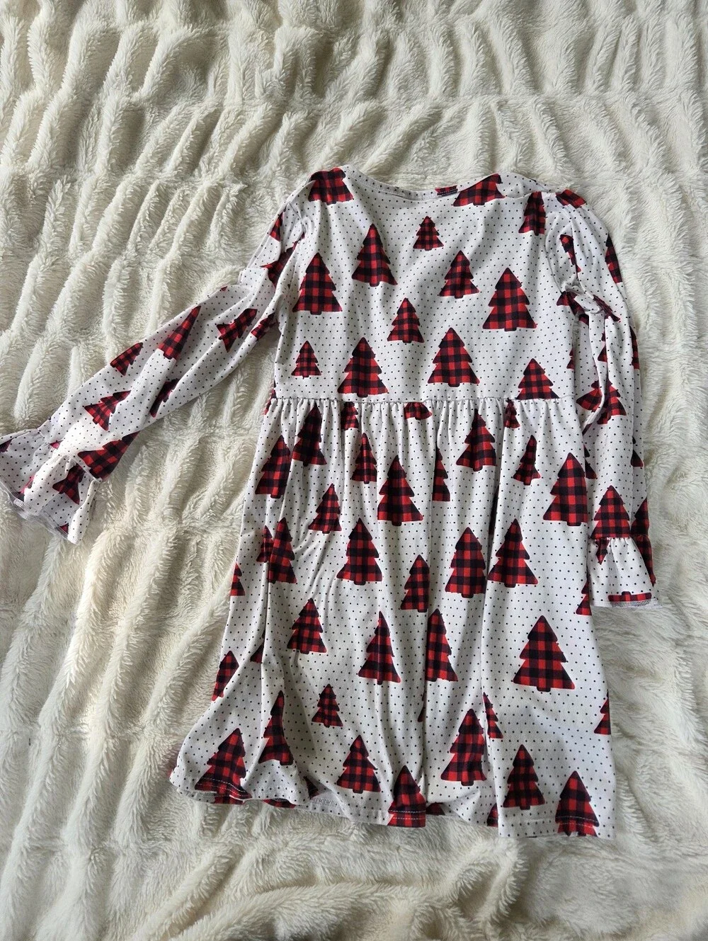 Girls White Holiday Dress with Red Plaid Trees Size 10-12 Christmas Teen Youth